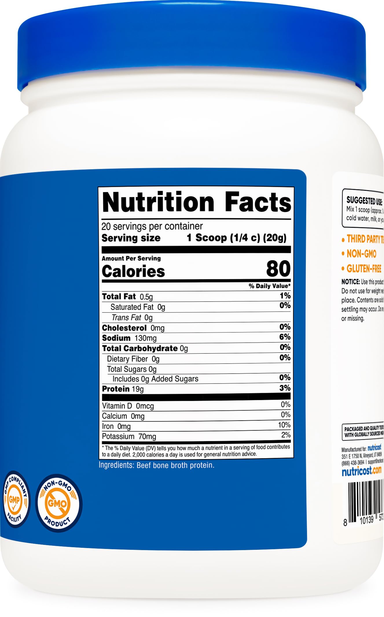 Nutricost Beef Bone Broth Protein Powder label highlights gluten-free and GMO-free.