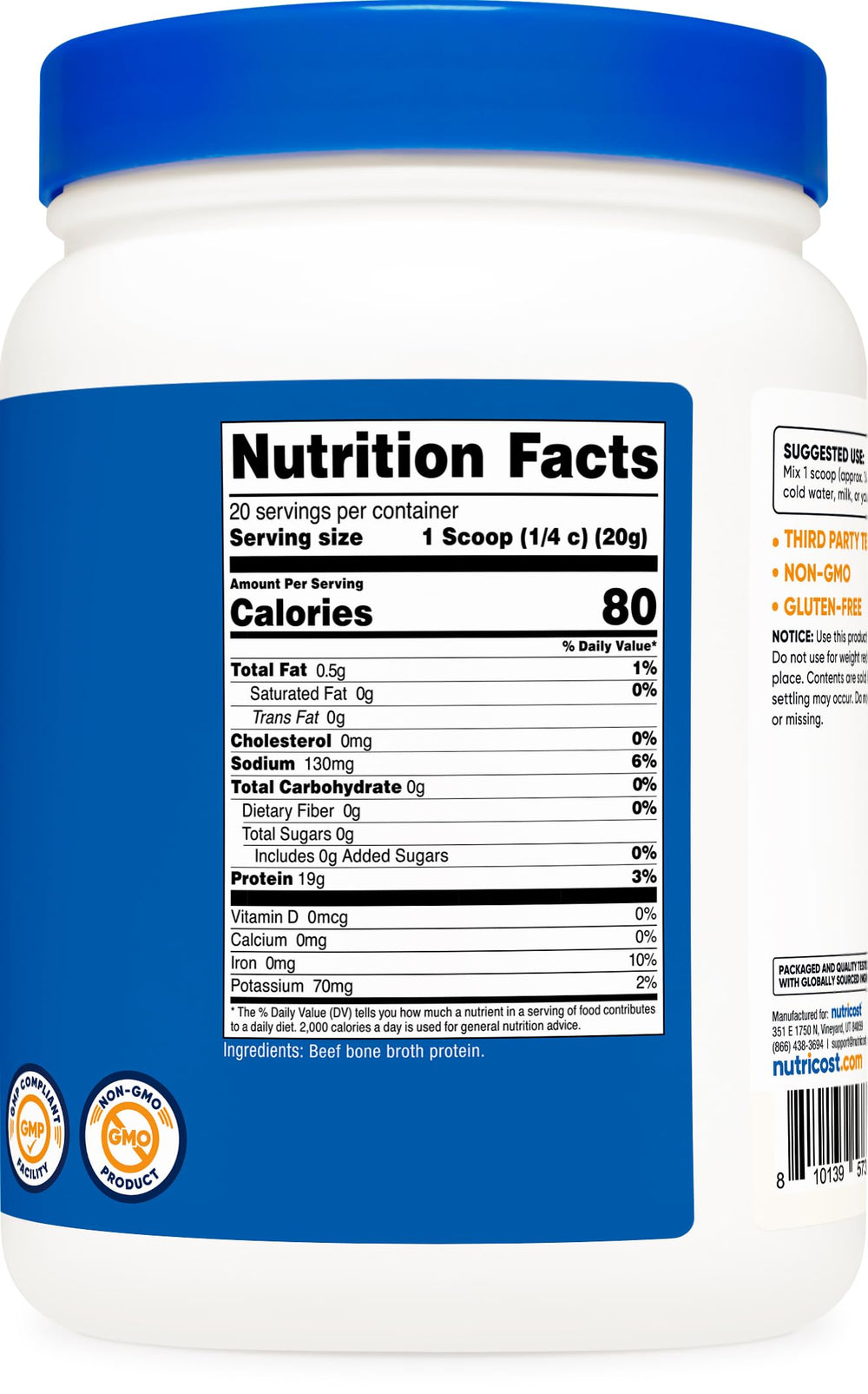 Nutricost Beef Bone Broth Protein Powder label highlights gluten-free and GMO-free.