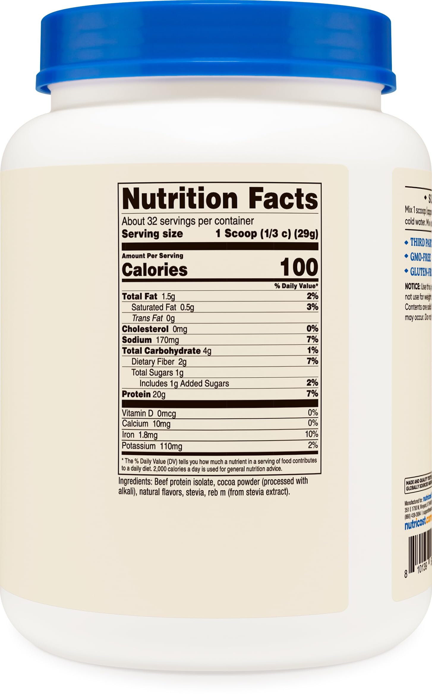 Nutricost beef protein isolate powder chocolate measuring dispensing highlights value