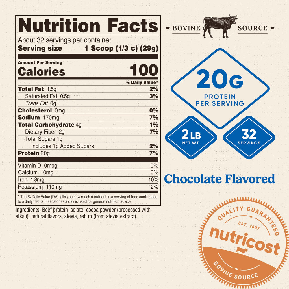 Nutricost beef protein isolate powder chocolate serving scoop shows convenient 20 g protein per serving