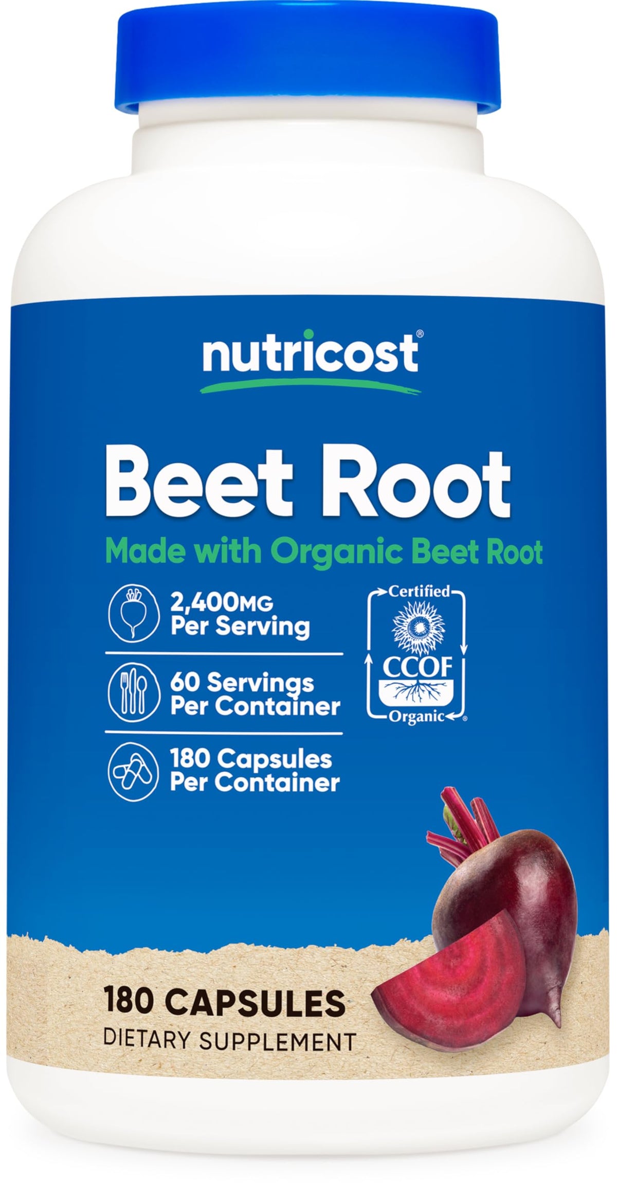 Nutricost Beet Root 2400mg bottle with organic label for daily wellness
