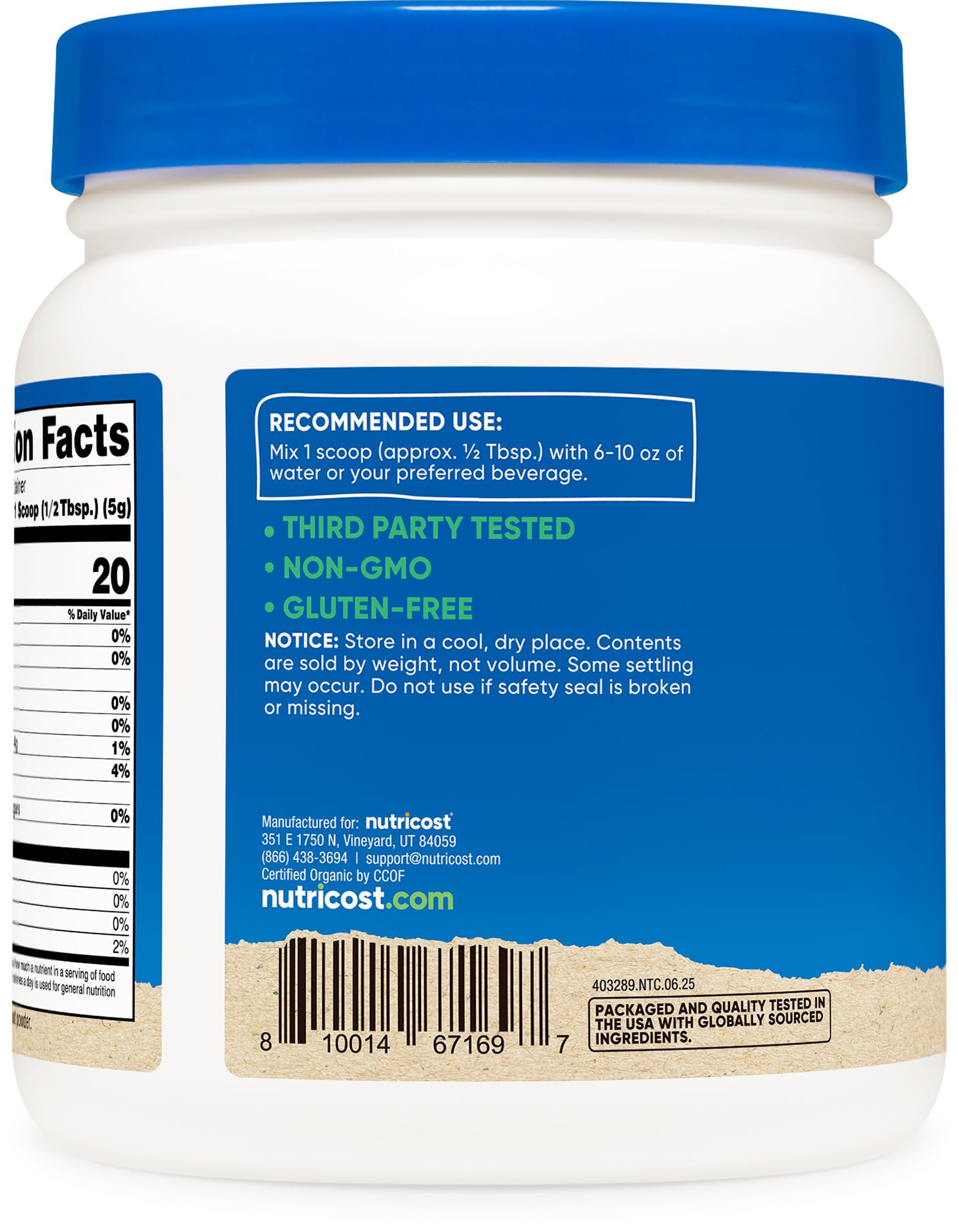 Close-up of Nutricost Organic Beet Root Powder label