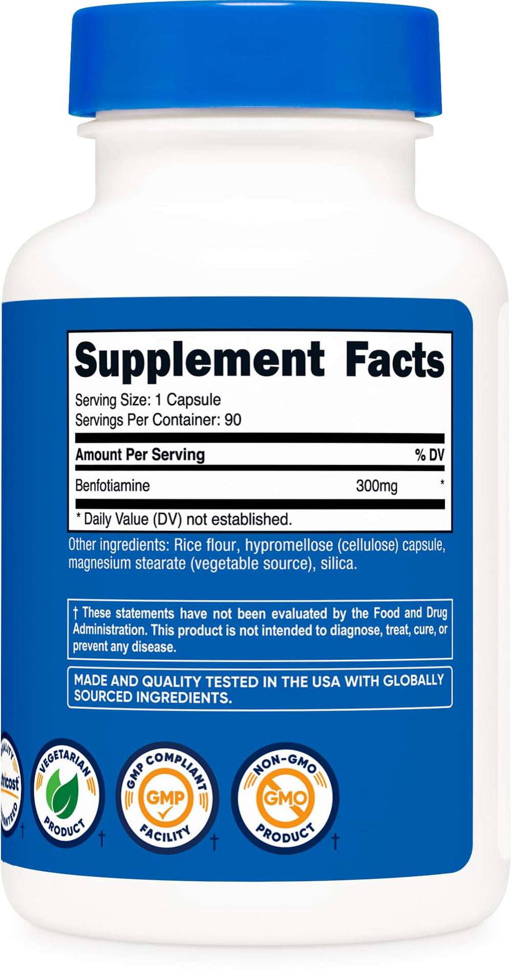 Nutricost Benfotiamine 300mg bottle on shelf suggests convenient daily capsule routine.