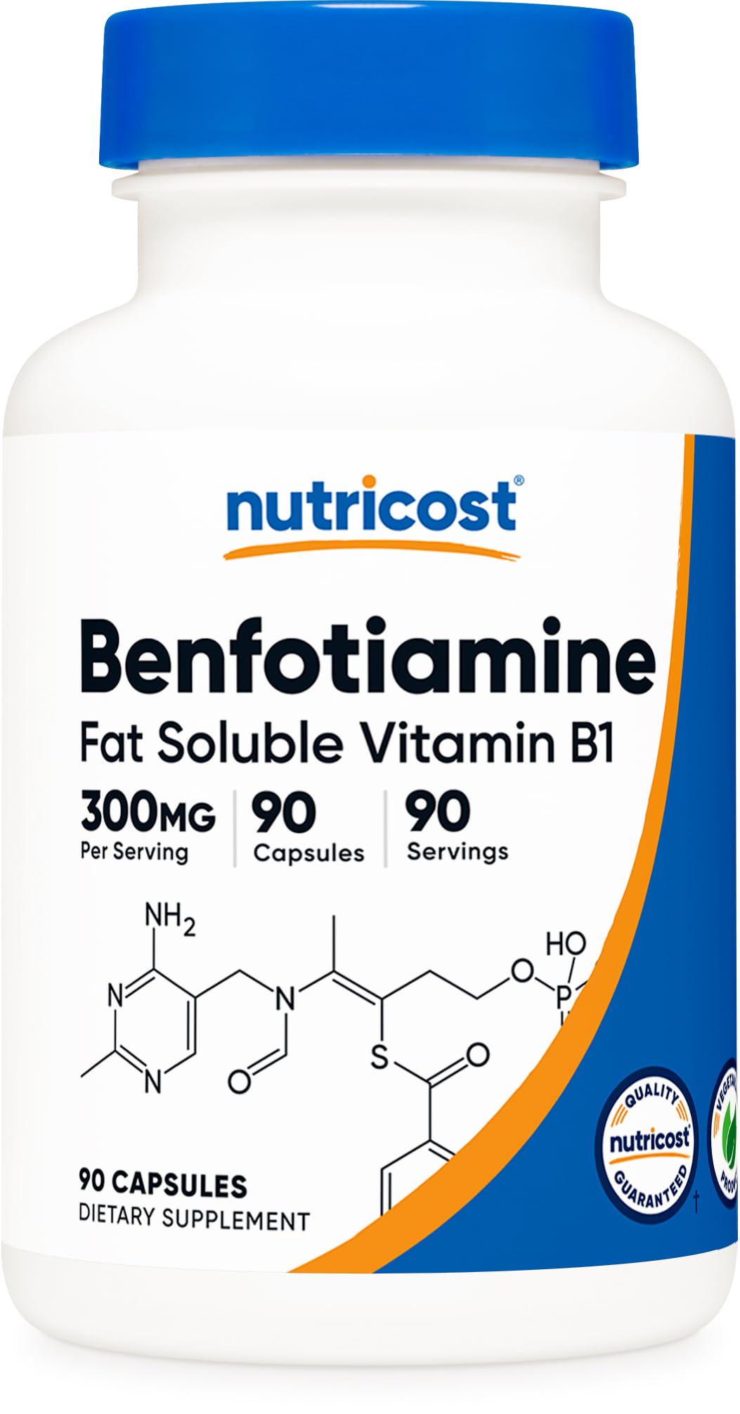 Nutricost Benfotiamine 300mg bottle for daily vegetarian gluten-free supplement routine.