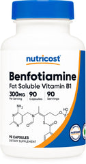 Nutricost Benfotiamine 300mg bottle for daily vegetarian gluten-free supplement routine.