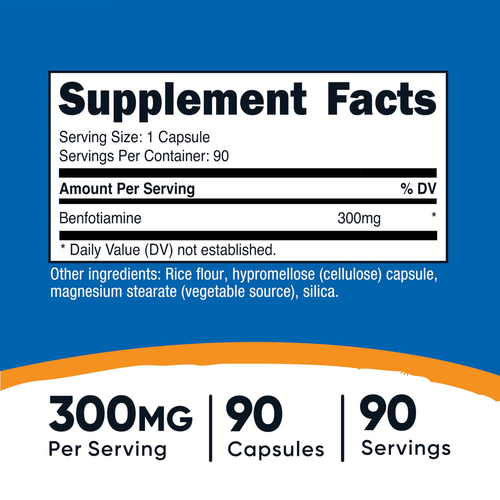 Nutricost Benfotiamine 300mg capsules close-up for easy daily wellness support.