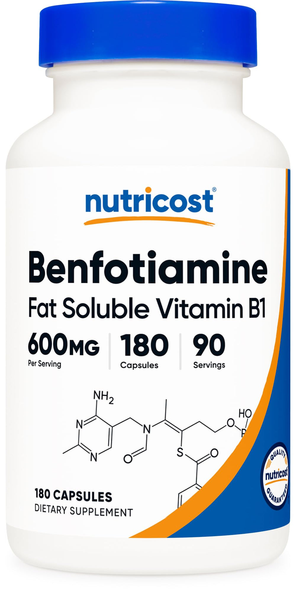 Nutricost Benfotiamine 600mg bottle with label facing forward for easy dosing