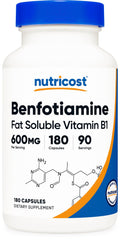 Nutricost Benfotiamine 600mg bottle with label facing forward for easy dosing