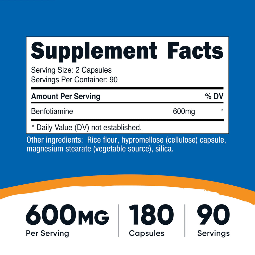 Nutricost Benfotiamine 600mg capsules close-up showing smooth vegan capsules