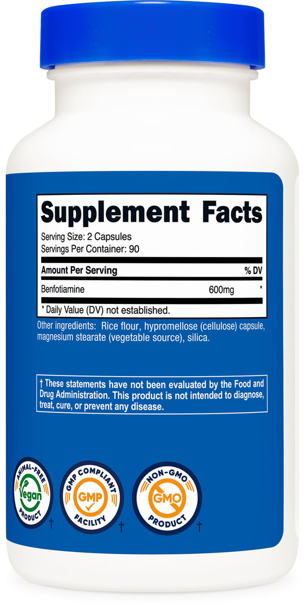 Nutricost Benfotiamine 600mg bottle beside facility certification highlighting quality standards