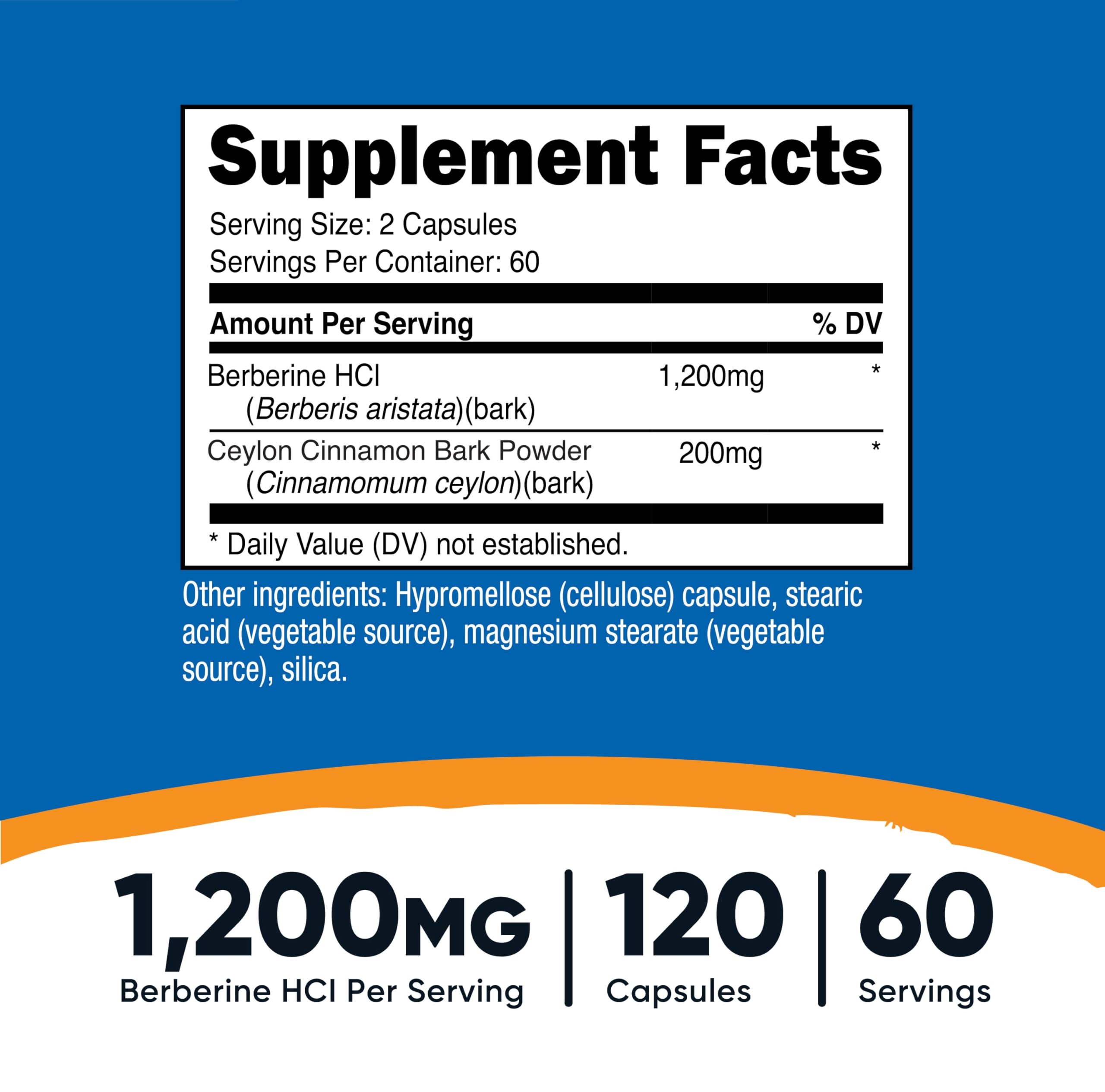Nutricost Berberine HCl Cinnamon bottle back shows dosage and purity notes