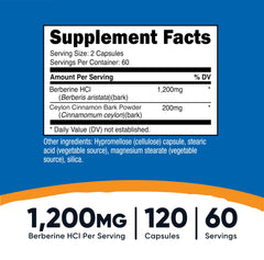 Nutricost Berberine HCl Cinnamon bottle back shows dosage and purity notes