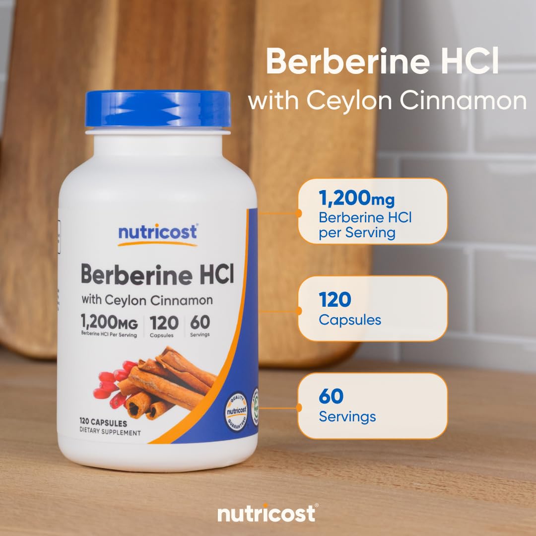 Nutricost Berberine HCl Cinnamon capsules closeup conveys compact daily dose