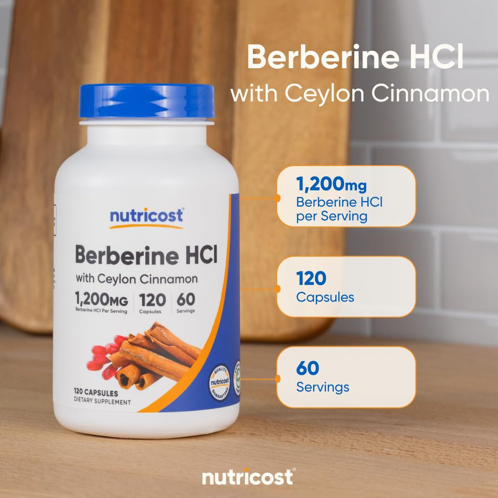 Nutricost Berberine HCl Cinnamon capsules closeup conveys compact daily dose