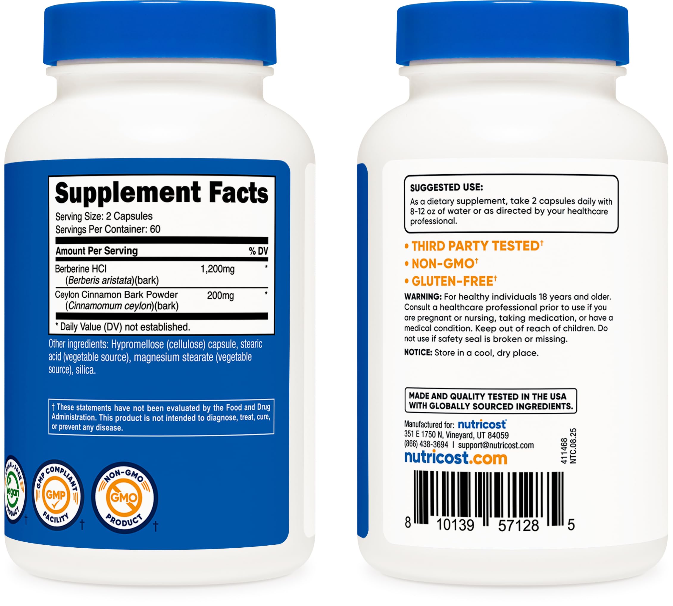 Nutricost Berberine HCl Cinnamon label detail highlights ingredients
