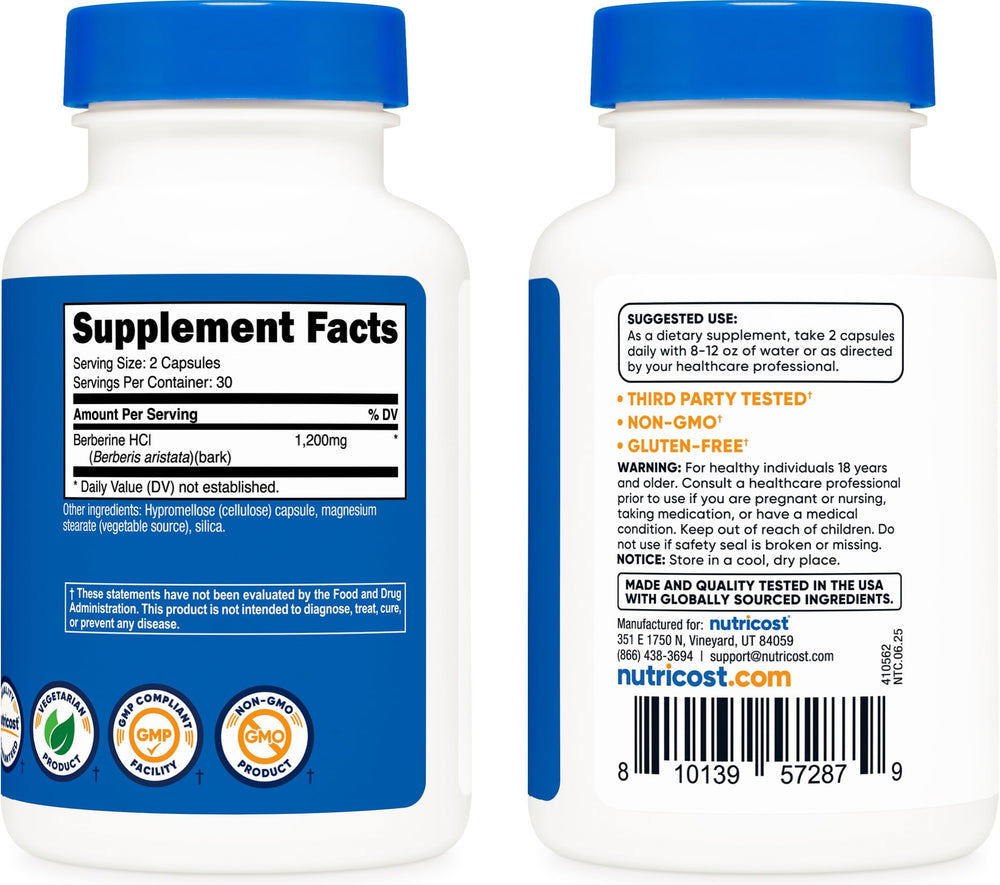 Nutricost Berberine HCl gluten-free and non-GMO symbols on packaging
