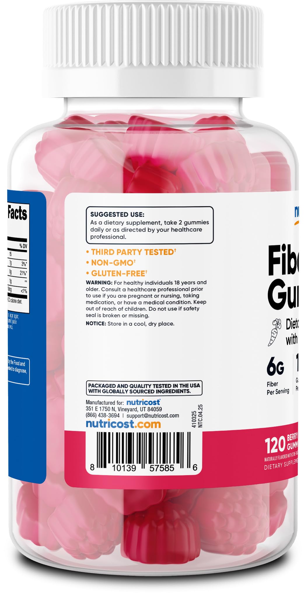Nutricost Berry flavored vegan fiber gummies visual with bottle.