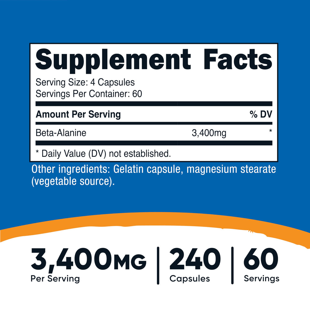 Nutricost Beta-Alanine capsules closeup highlighting potent capsules