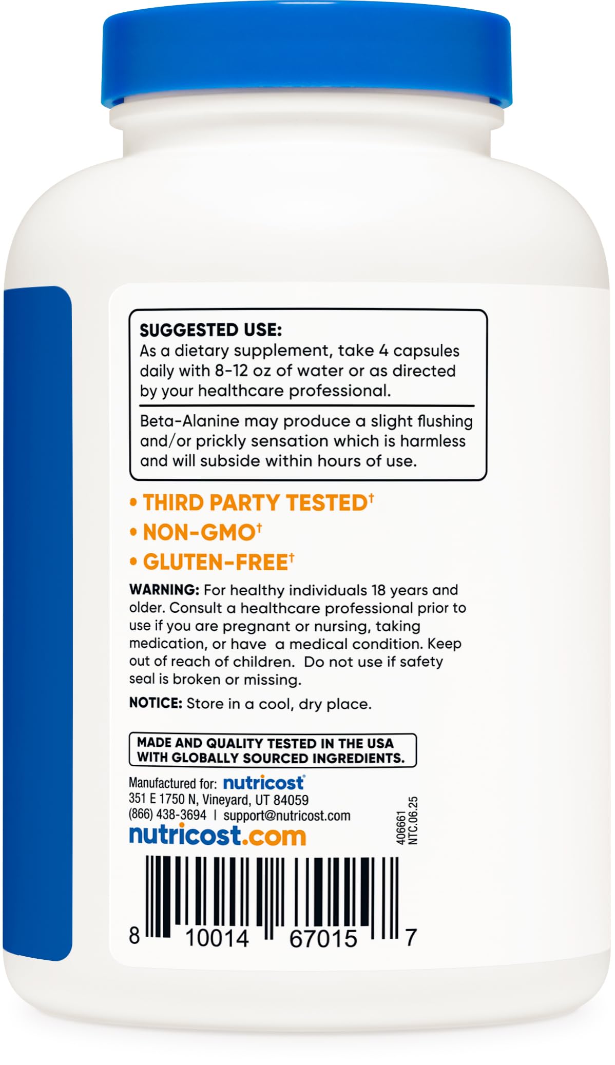Nutricost Beta-Alanine serving size graphic shows four capsules per serving