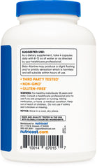 Nutricost Beta-Alanine serving size graphic shows four capsules per serving