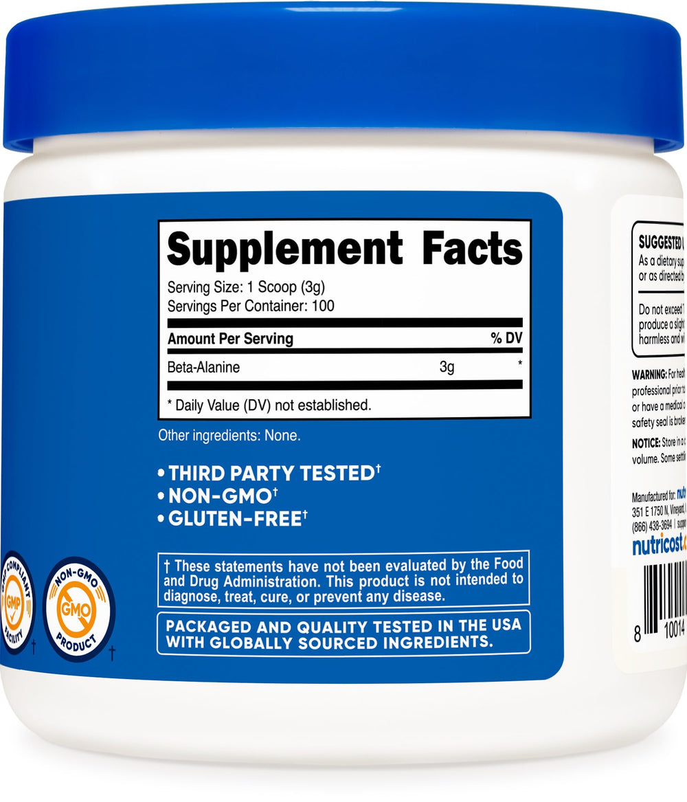 Nutricost Beta Alanine label noting NSF, GMP, and FDA registration for trusted production