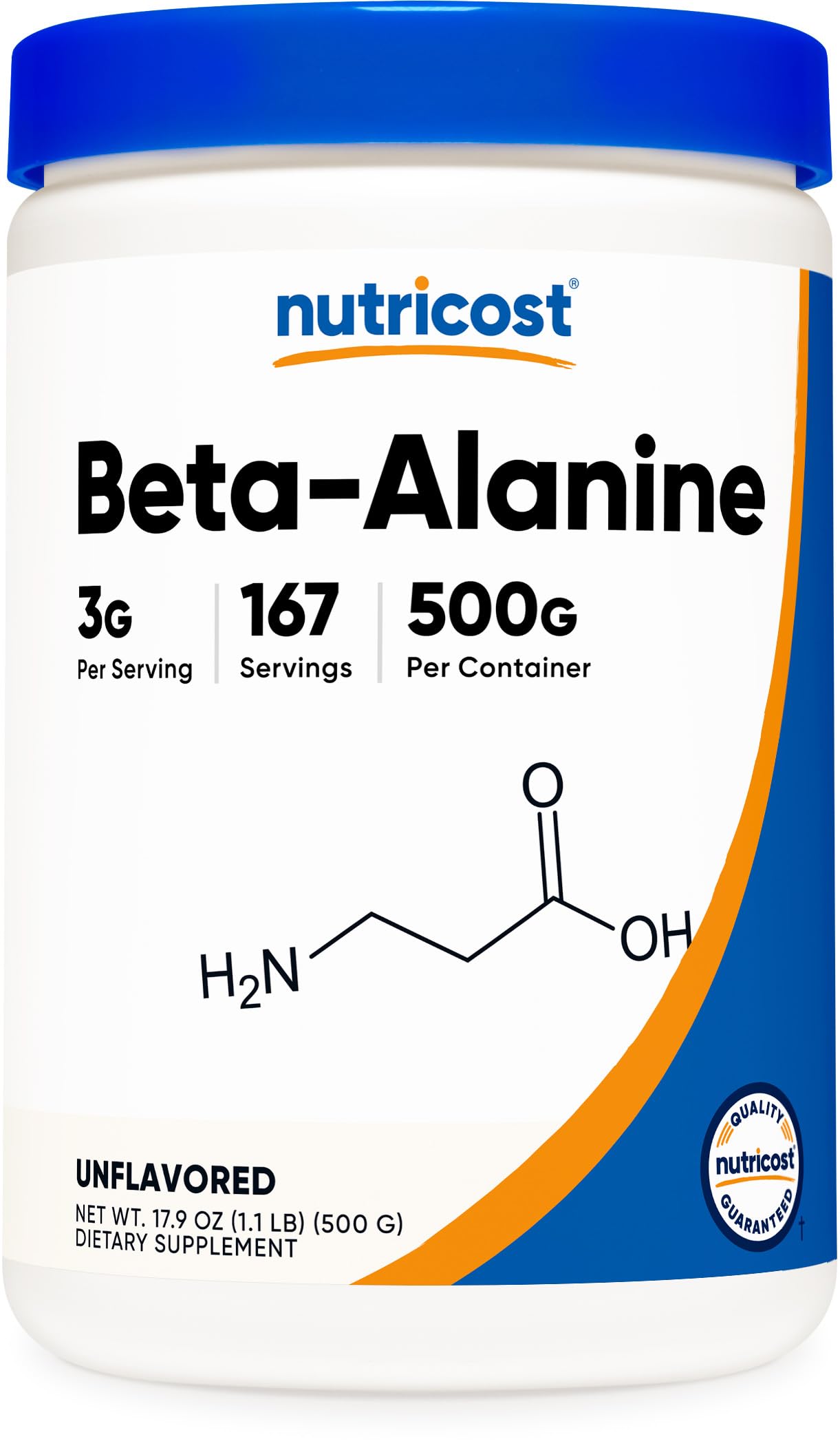 Nutricost Beta Alanine powder bottle showing a pure formula for workouts