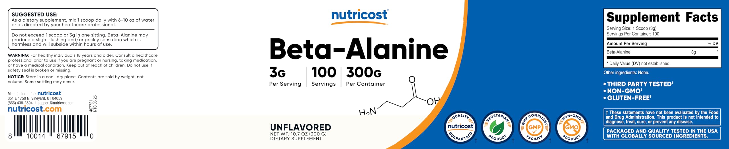 Finished Nutricost Beta Alanine serving beside a shaker for daily training