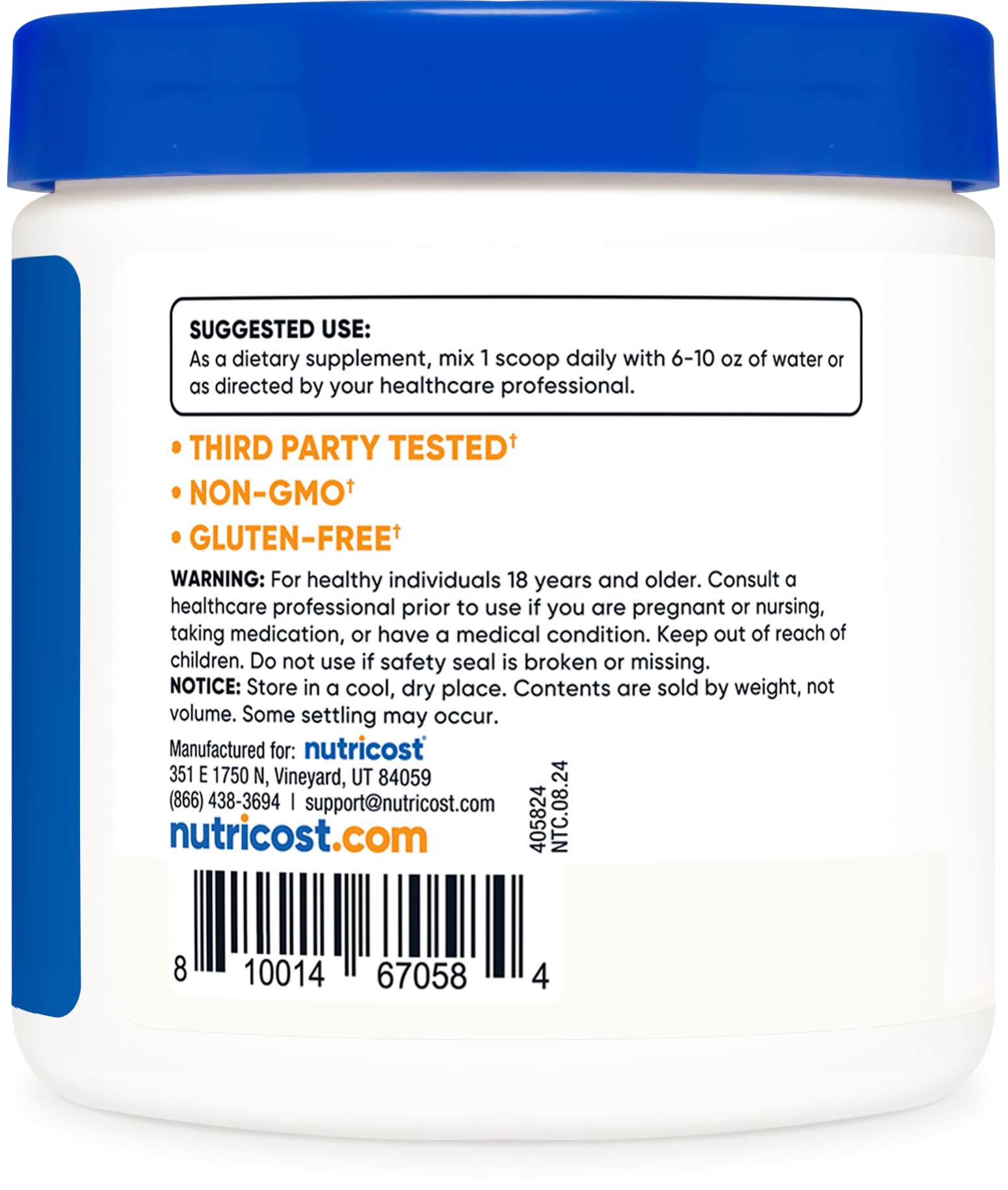 Nutricost Beta Glucan Powder label close-up emphasizing non-GMO claim.