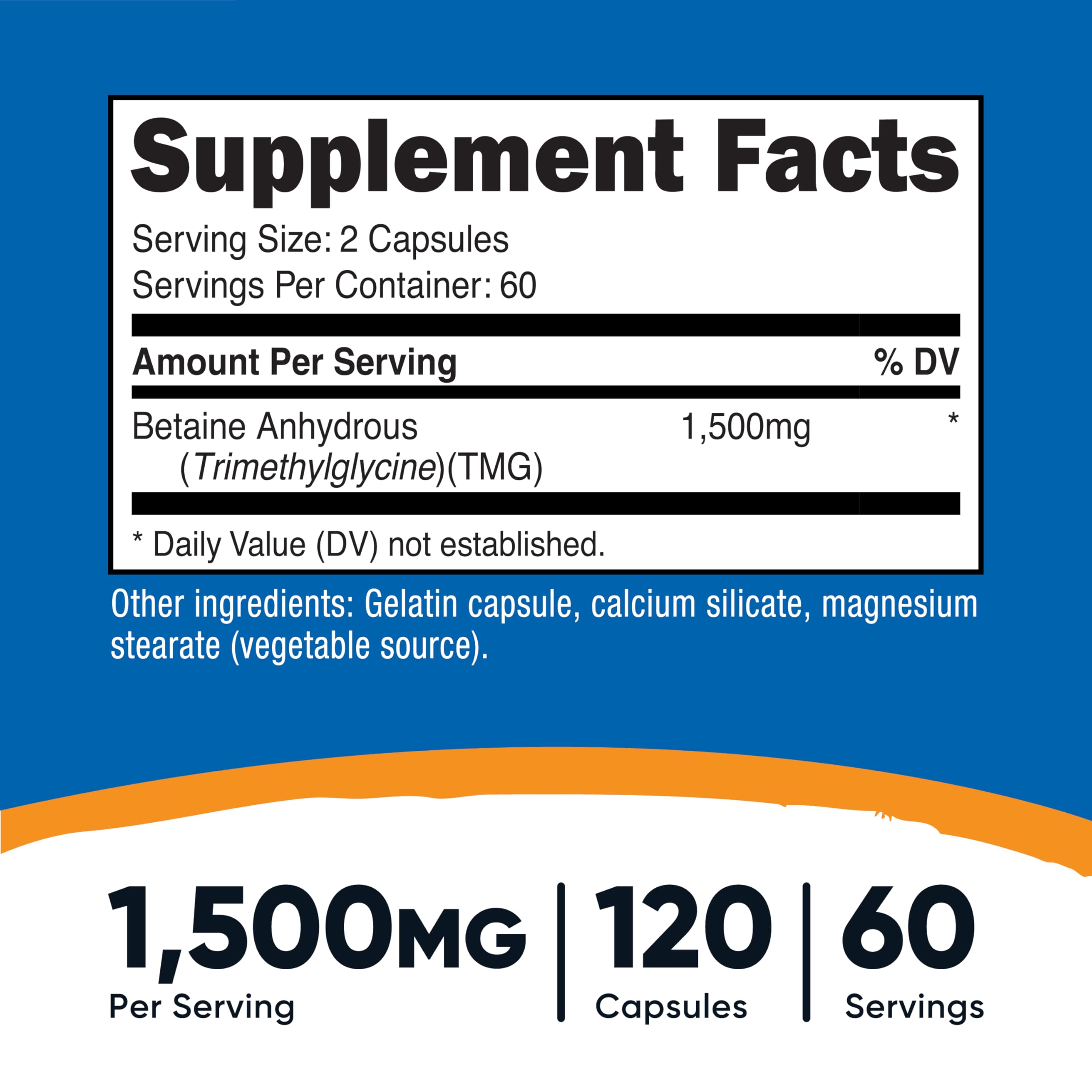 Nutricost Betaine Anhydrous bottle back shows dosage and third-party testing details.