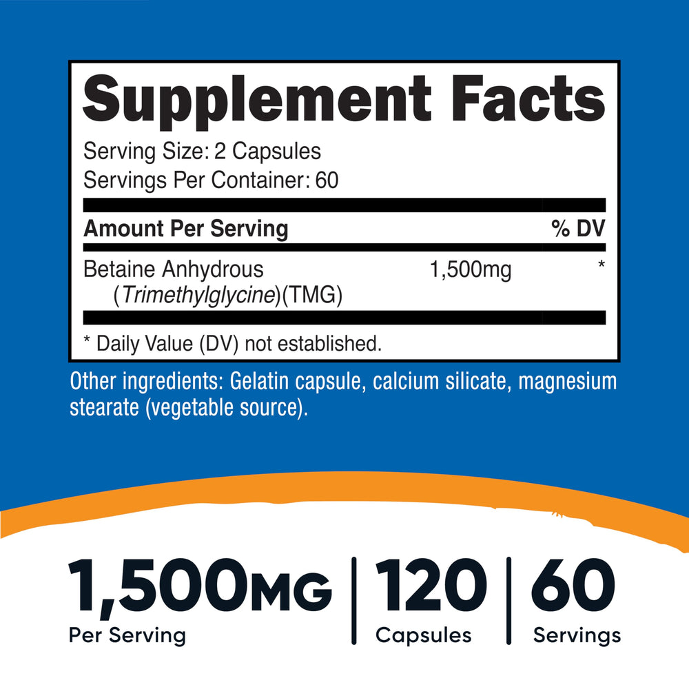 Nutricost Betaine Anhydrous bottle back shows dosage and third-party testing details.