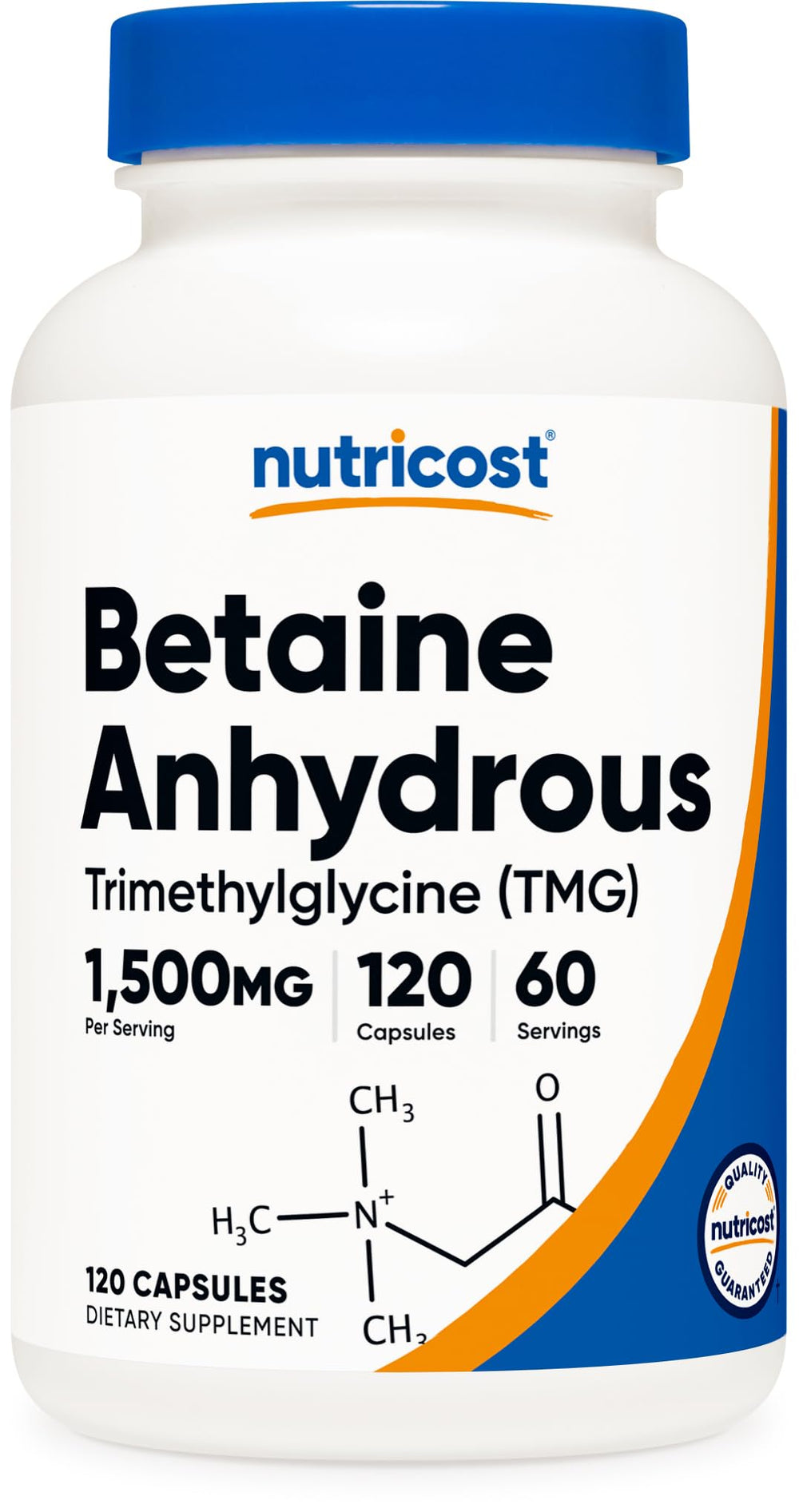 Nutricost Betaine Anhydrous capsules bottle front, ideal for daily supplement routine.