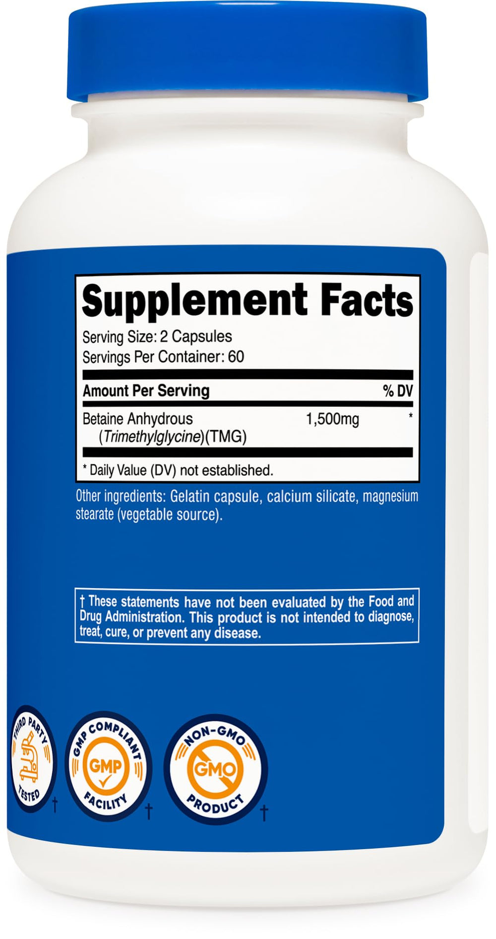 Nutricost Betaine Anhydrous capsules close-up emphasizes easy-to-swallow capsules.