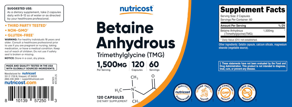 Nutricost Betaine Anhydrous box packaging shown for a trusted purchase.