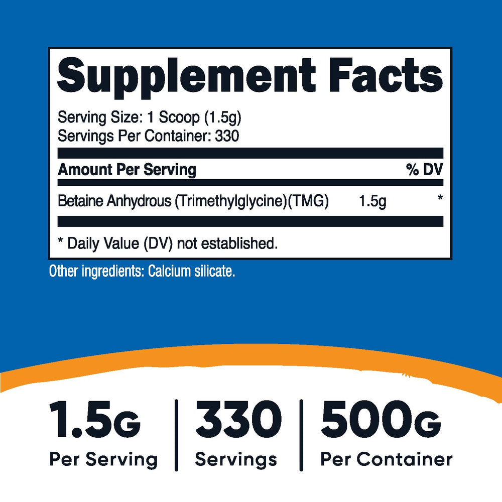Nutricost Betaine Anhydrous bottle with scoop for precise 1.5 g servings.