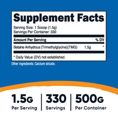 Nutricost Betaine Anhydrous bottle with scoop for precise 1.5 g servings.