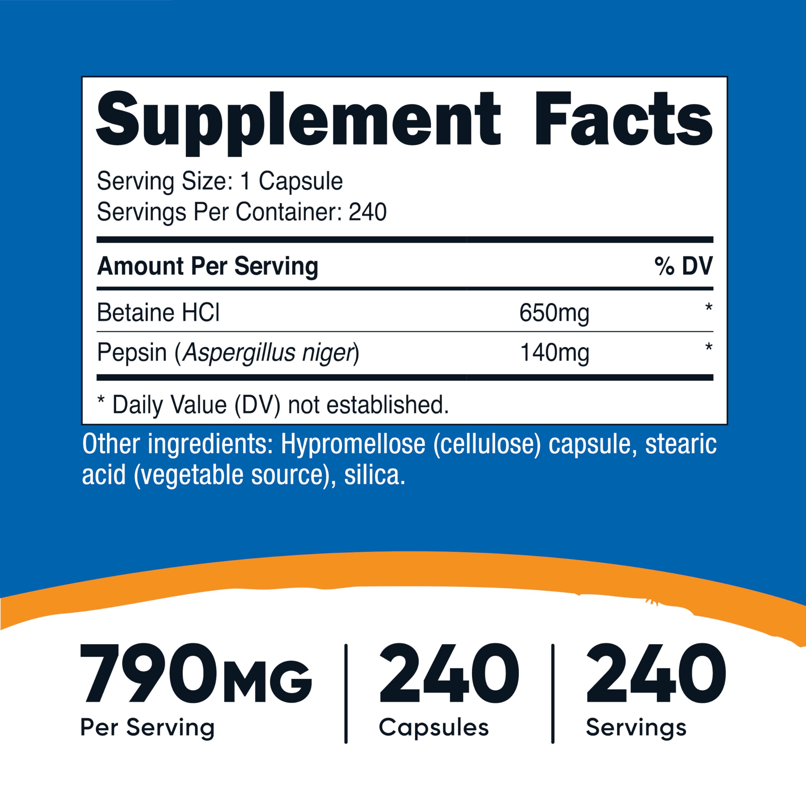 Close-up of Nutricost Betaine HCl + Pepsin capsules
