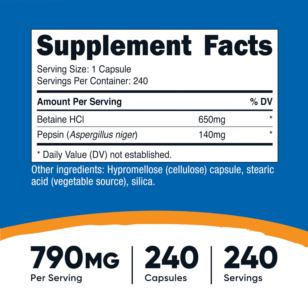 Close-up of Nutricost Betaine HCl + Pepsin capsules
