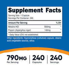 Close-up of Nutricost Betaine HCl + Pepsin capsules