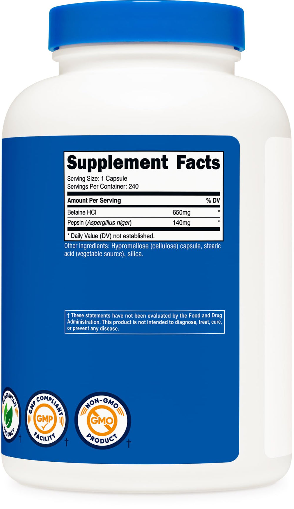 Plant-based capsules from Nutricost Betaine HCl + Pepsin