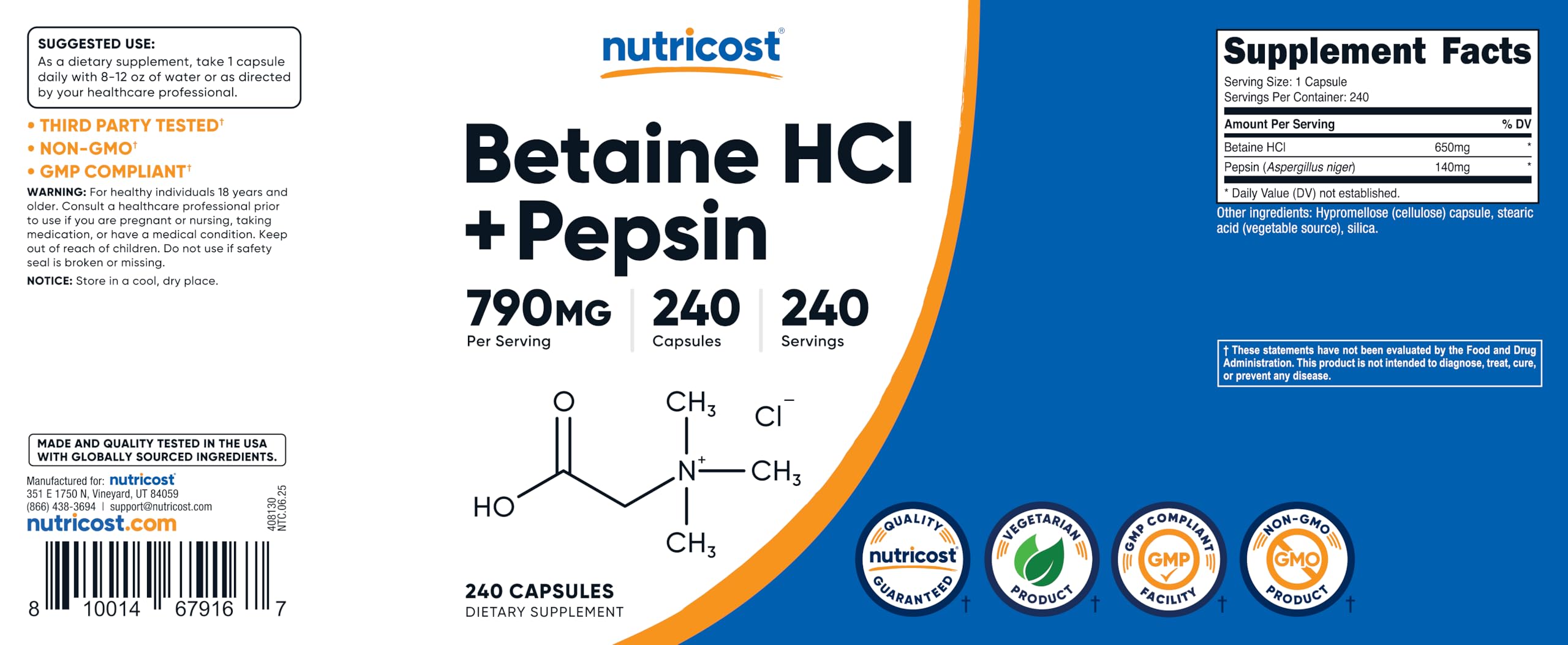 Independent third-party testing stamp on Nutricost Betaine HCl + Pepsin