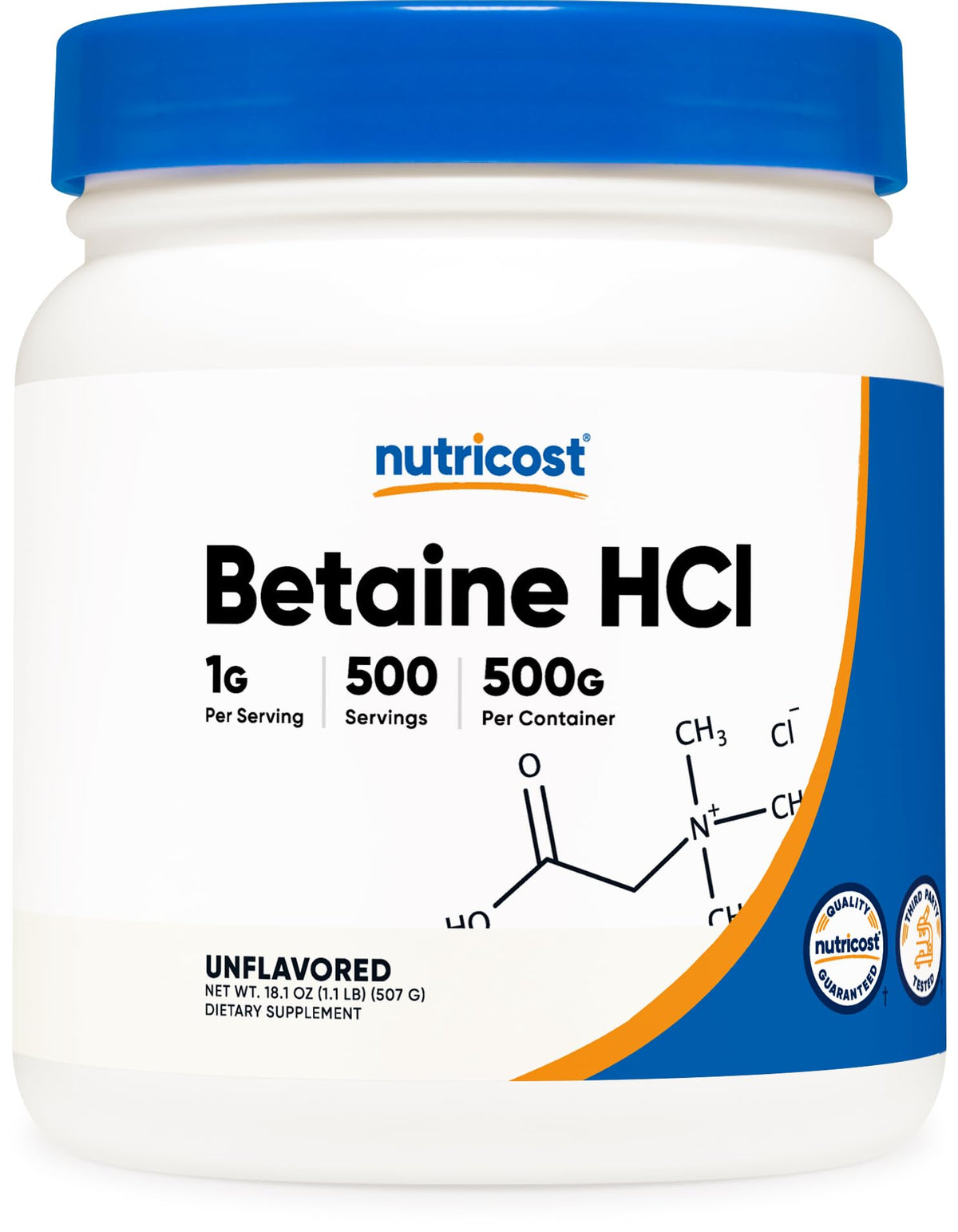 Nutricost Betaine HCl Powder bottle highlights pure, high-quality supplement for measured servings.