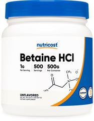 Nutricost Betaine HCl Powder bottle highlights pure, high-quality supplement for measured servings.