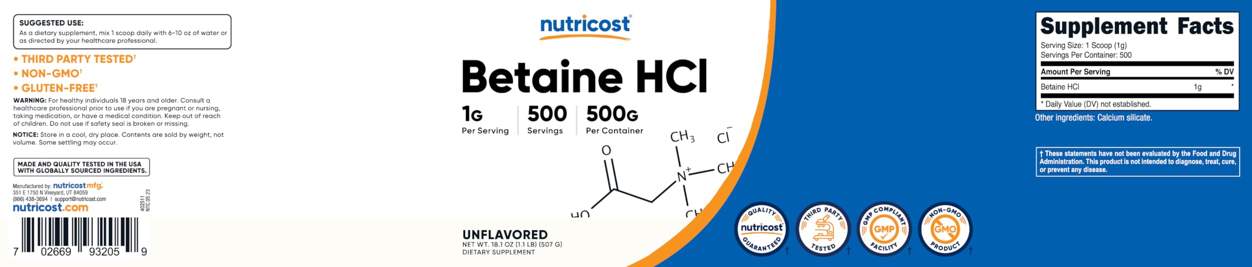 Nutricost Betaine HCl Powder facility certification icon reinforces safety.