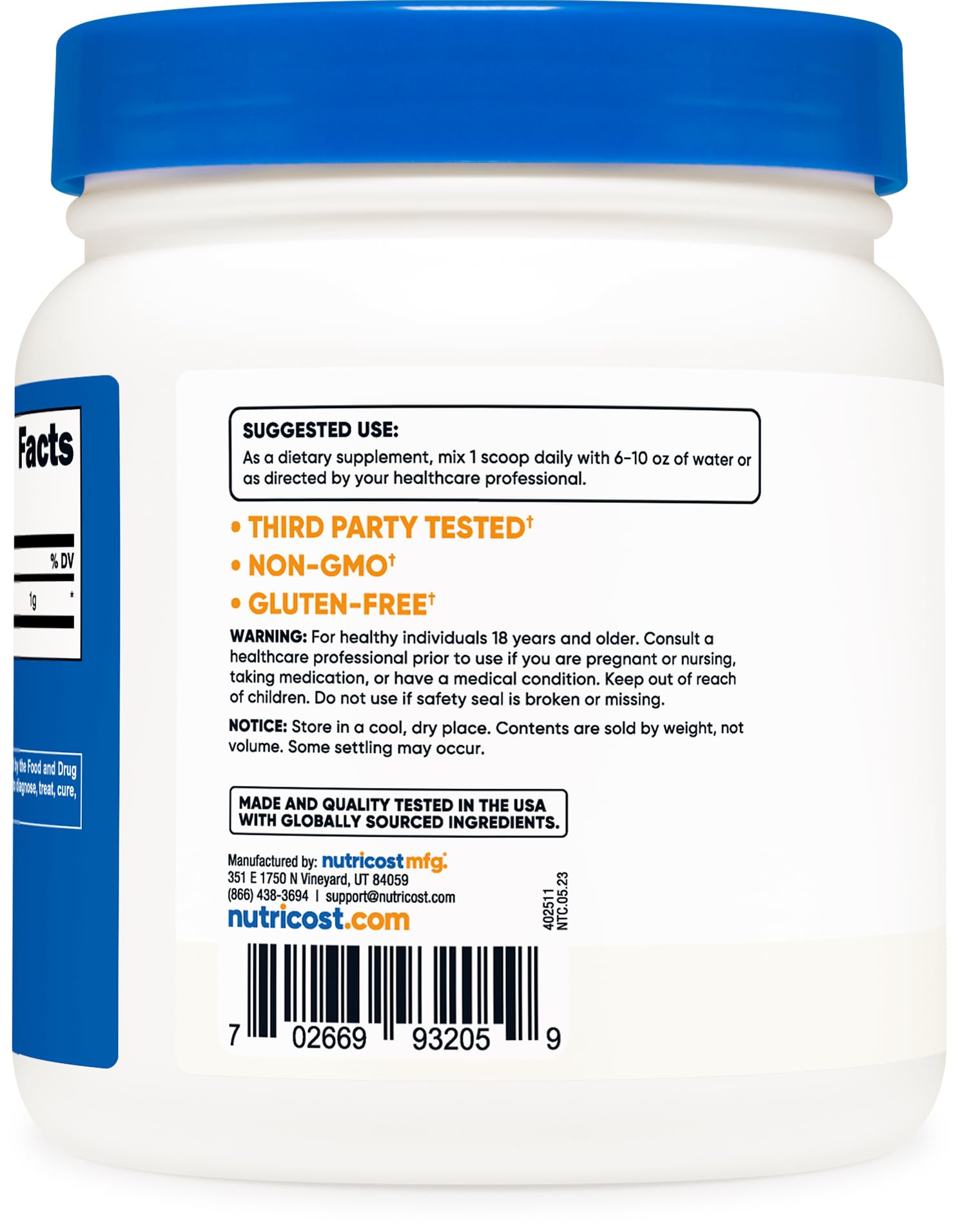 Nutricost Betaine HCl Powder label communicates gluten-free and non-GMO quality.