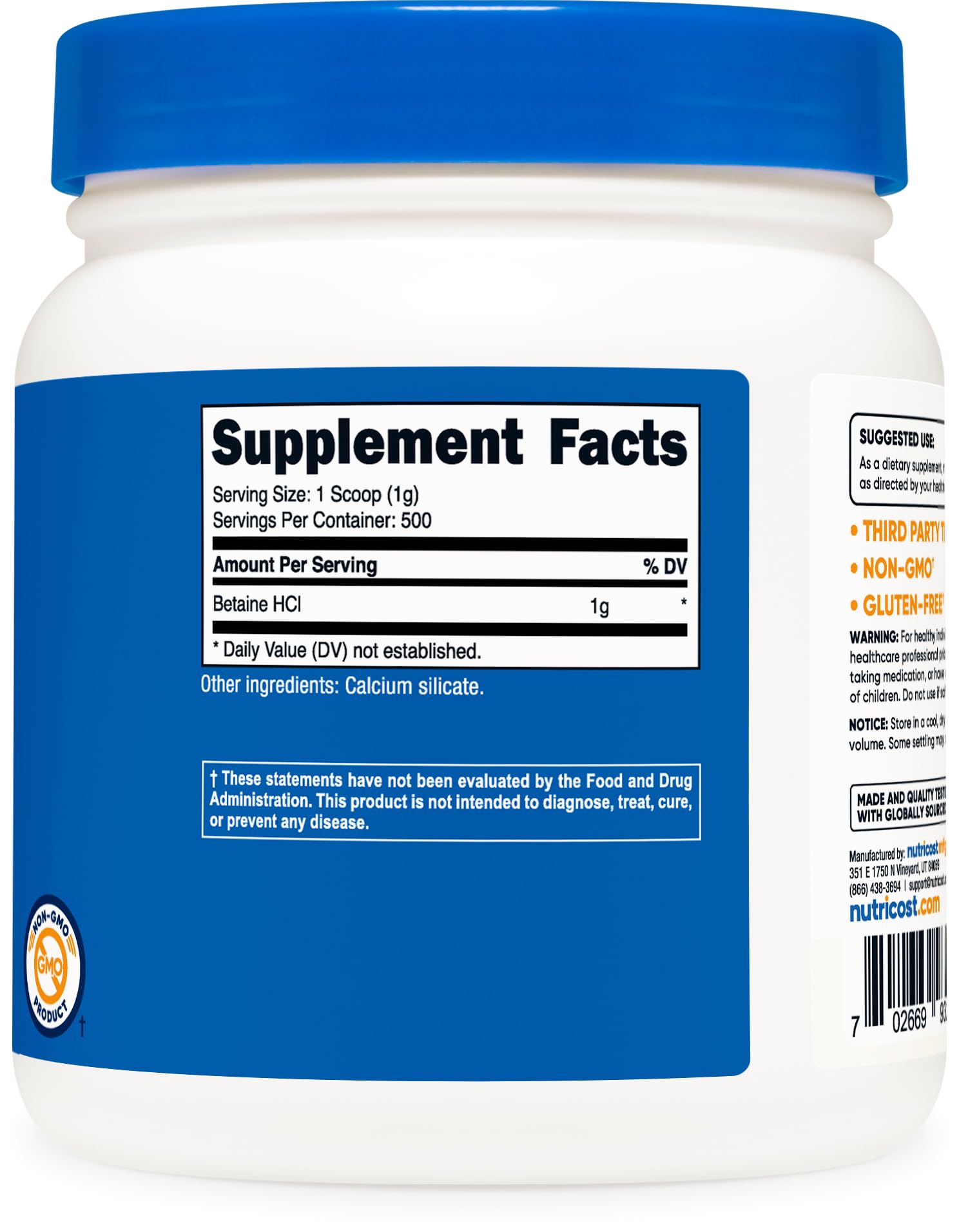 Nutricost Betaine HCl Powder third-party tested stamp enhances trust.