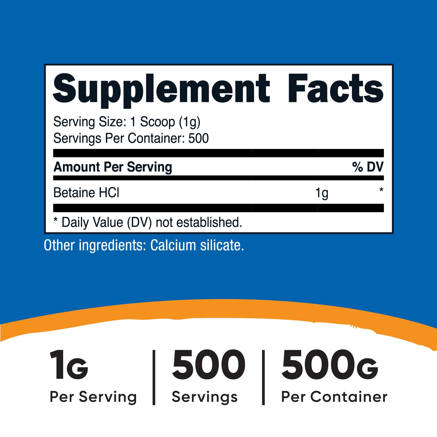 Nutricost Betaine HCl Powder scoop emphasizes easy 1 g servings included.