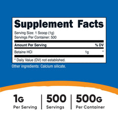 Nutricost Betaine HCl Powder scoop emphasizes easy 1 g servings included.