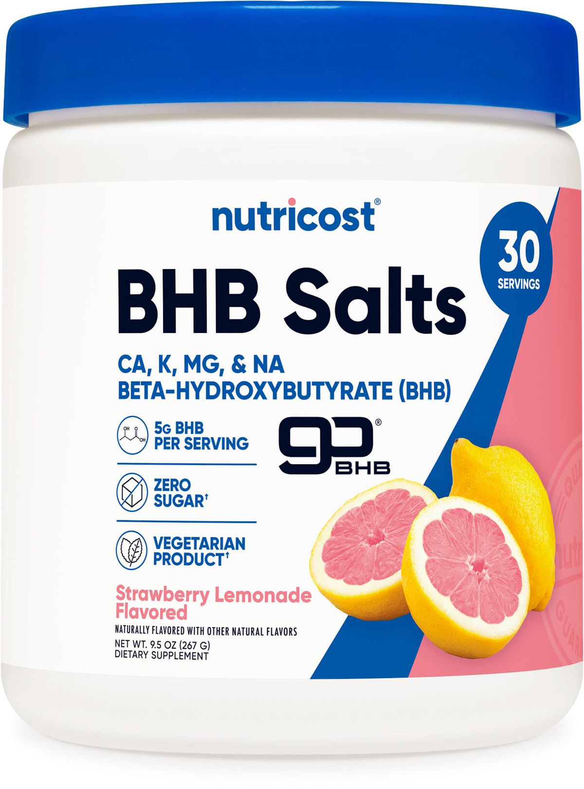 Nutricost BHB Salts Drink Mix bottle shows the Strawberry Lemonade flavor for daily refreshment