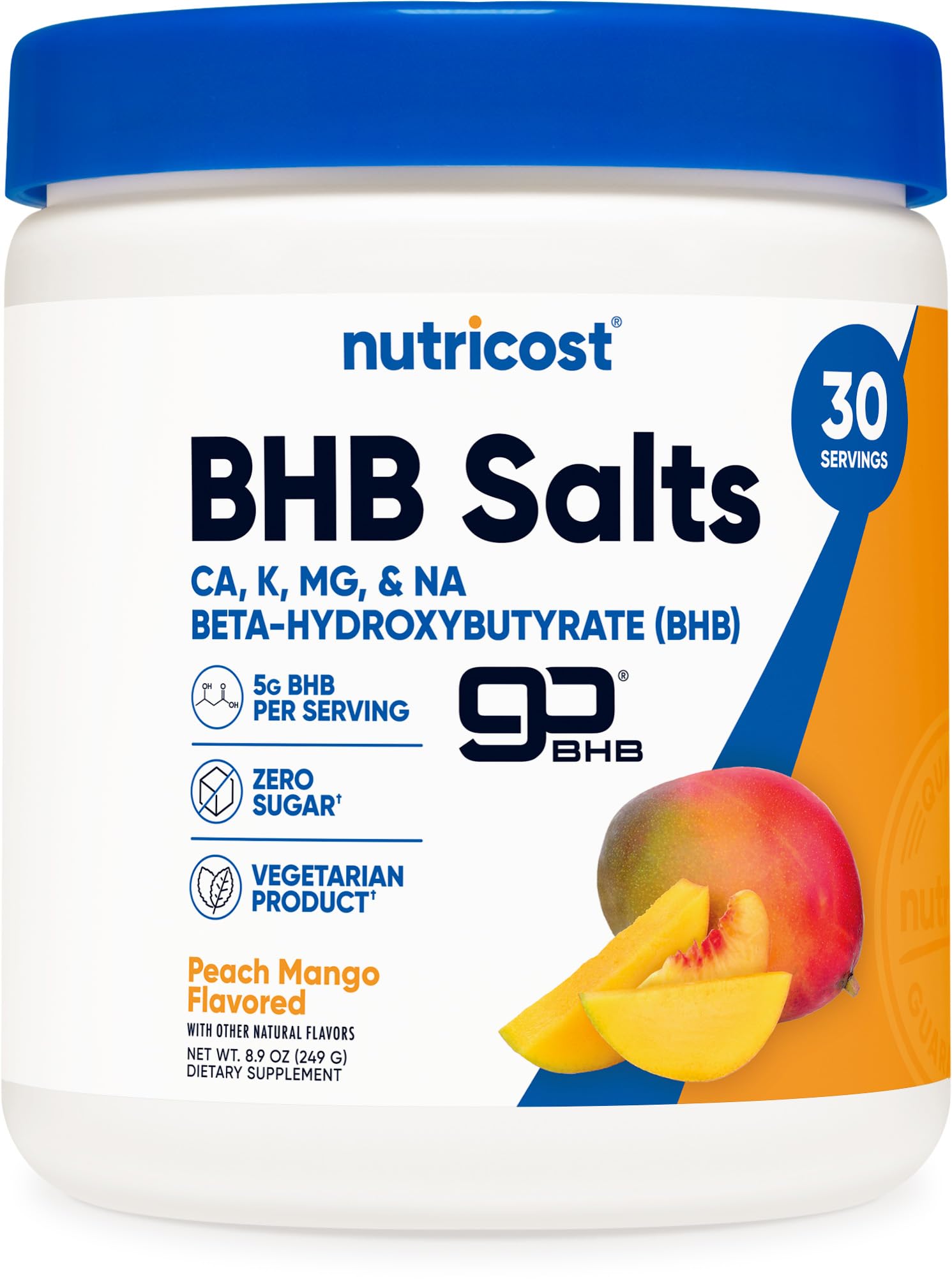 Nutricost BHB salts drink mix peach mango bottle highlighting flavor and energy support.