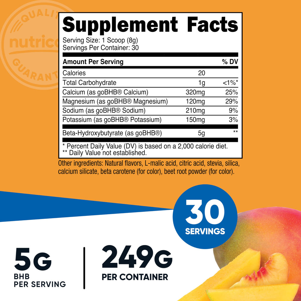 Nutricost BHB salts drink mix peach mango glass ready-to-drink after a workout.